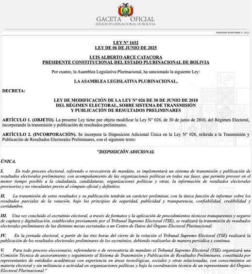 Presidente Arce promulga ley de Sistema de Transmisión y Publicación de Resultados Preliminares